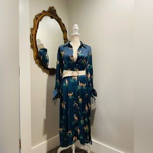 Zara Satin Blue Printed Dress with Belt